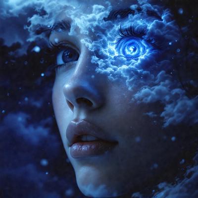 The primary subject of the image is a woman with blue eyes, who appears to be looking at the viewer. She is surrounded by a cloudy, blue-tinged environment, which adds to the overall atmosphere of the scene. The visual style of the image is a combination of photo and digital art, creating a unique and captivating representation of the woman. The colors and mood of the image are predominantly blue, giving it a serene and dreamy quality.